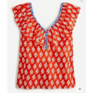 J.Crew Ruffle Floral V-Neck Top Women XXL in Classic Block Print Orange‎ Peasant